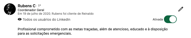 Depoimento de Rubens C: “Profissional comprometido com as metas traçadas, além de atencioso, educado e à disposição para as solicitações emergenciais.”
