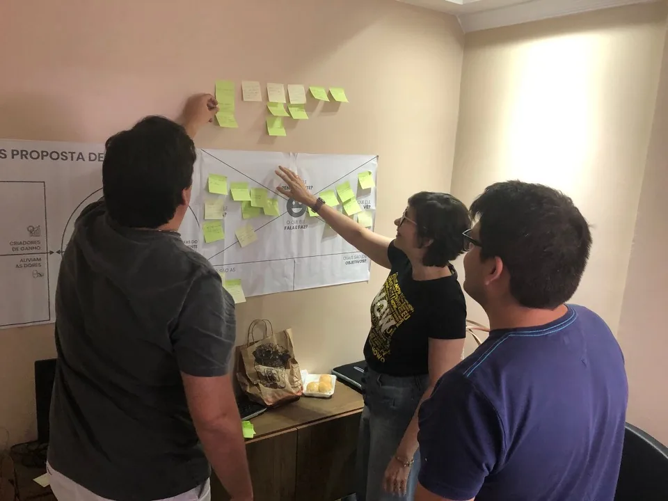 Equipe construindo uma proposta de valor com post-its em uma dinâmica estratégica