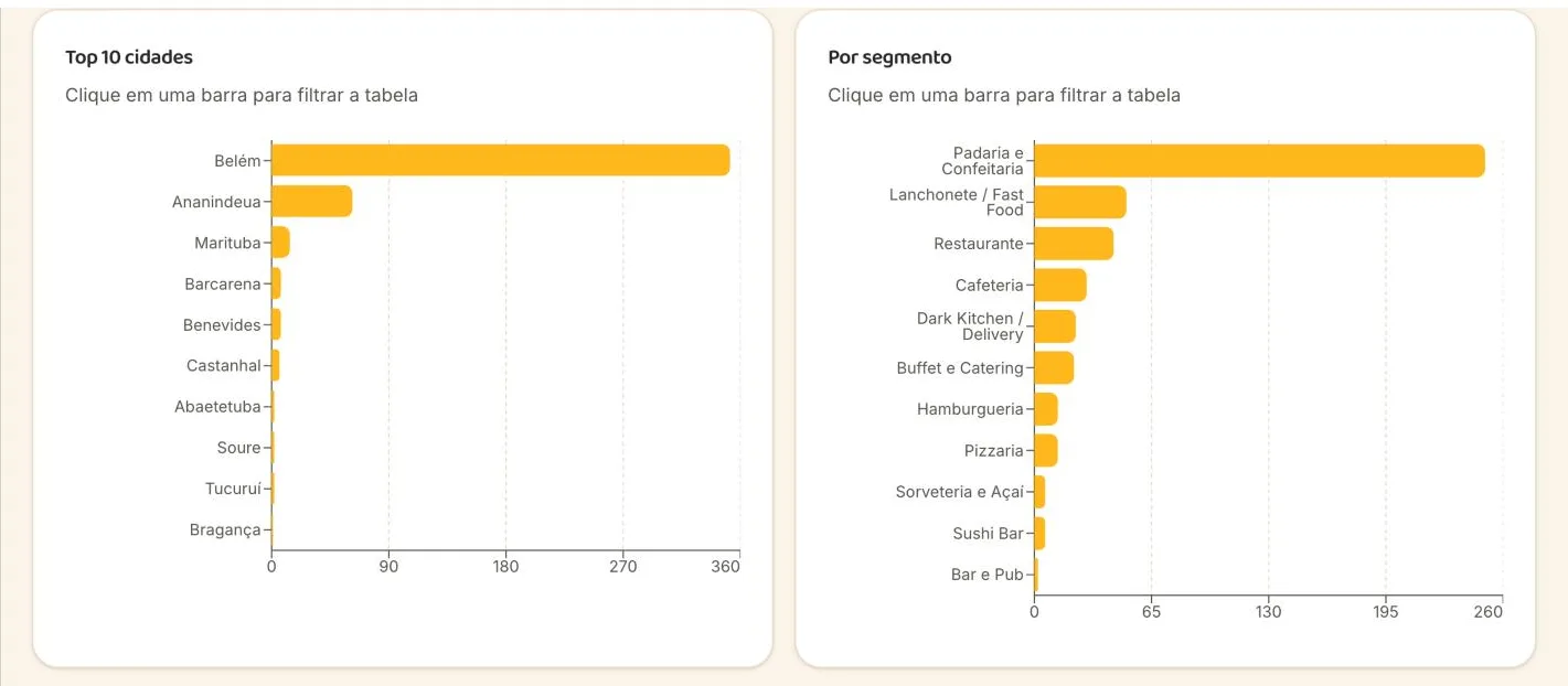 Gráficos de leads por cidade e por segmento no painel da Bourbon
