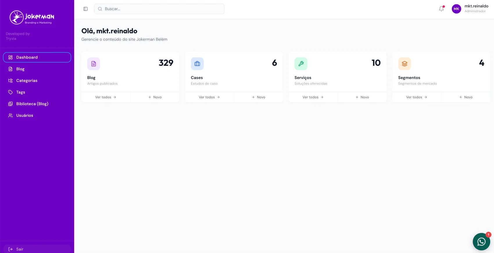 Dashboard do CMS do site Jokerman