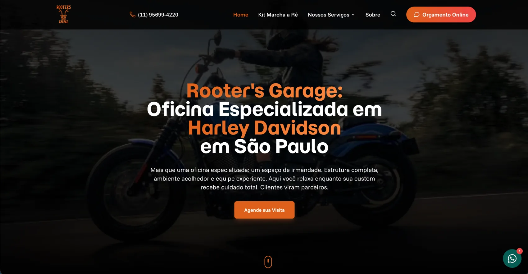 Site da Rooter's Garage, oficina especializada em Harley-Davidson