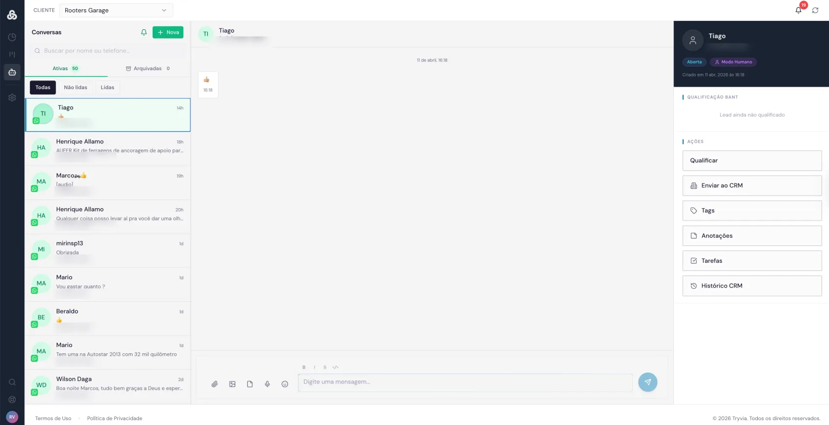 Central de atendimento do Tryvia com a lista de conversas e qualificação de leads