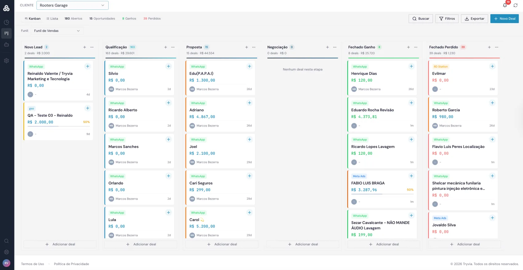 Funil de vendas em Kanban do Tryvia, da entrada ao fechamento